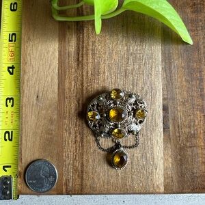 Vintage Gold Filigree Brooch with Yellow Gems